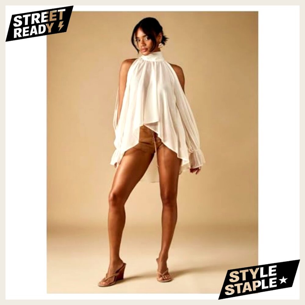 Chiffon Blouse Asymmetrical Split Bishop Sleeve S… - image 5